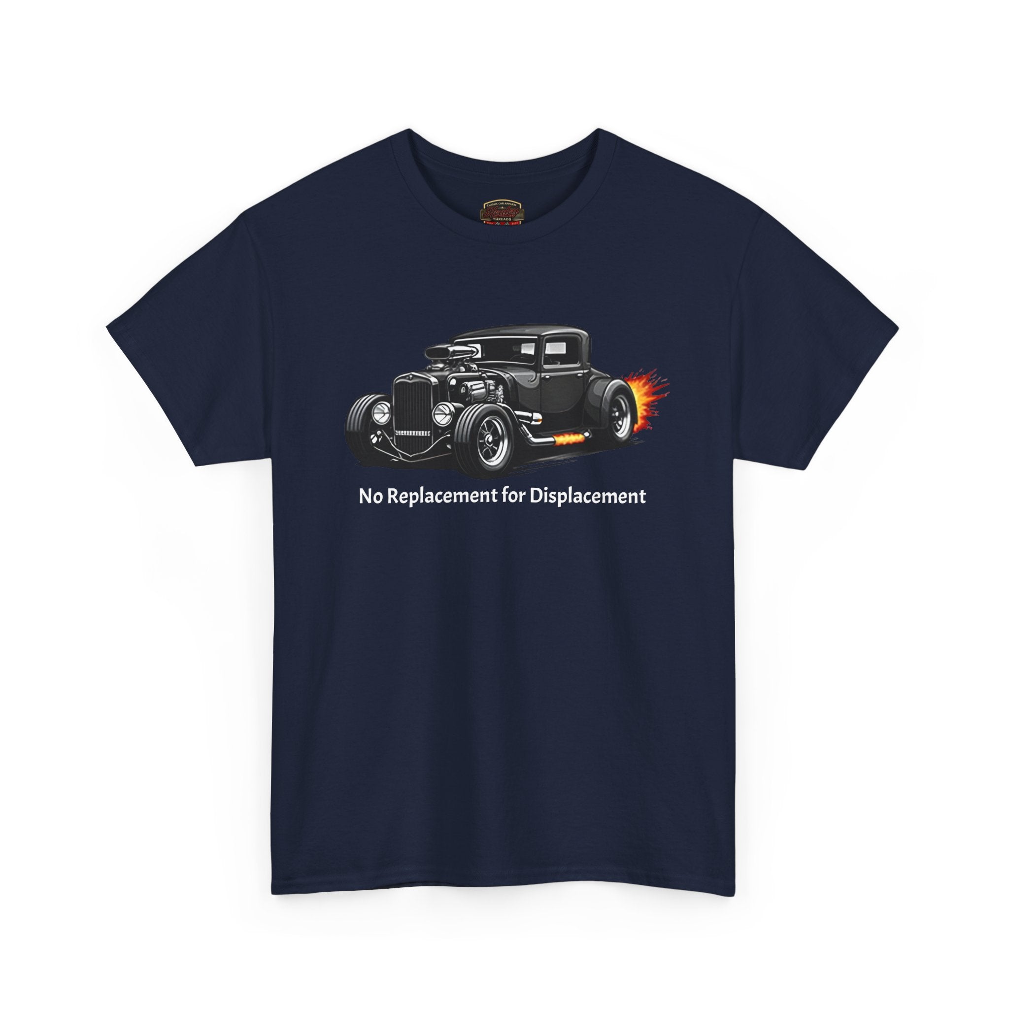 Navy blue t-shirt with a hot rod graphic and text on a white background