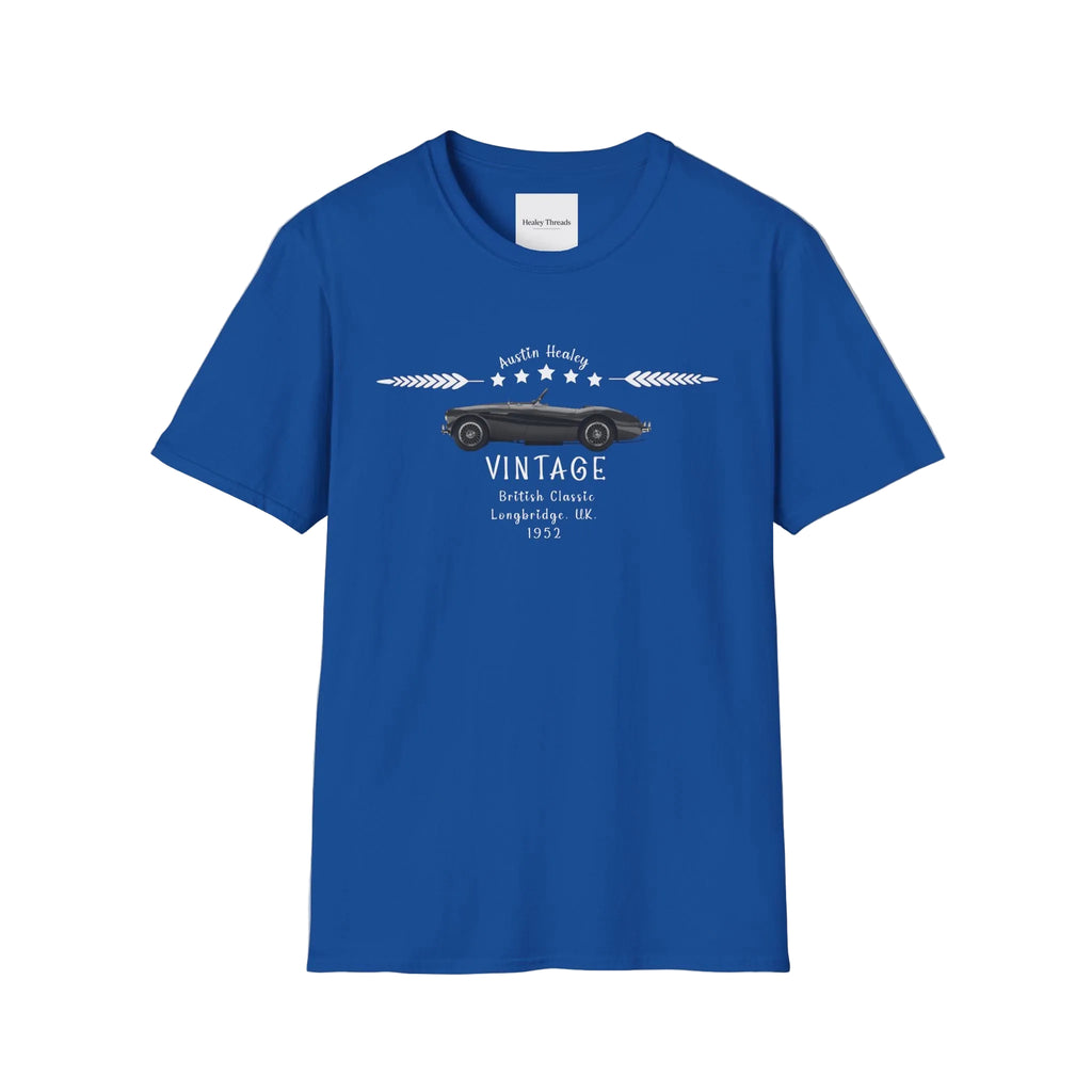 Blue t-shirt with vintage car design on a white background