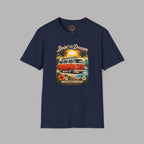 Navy blue t-shirt with a graphic of a van and palm trees on a gray background