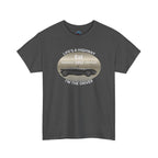 Gray t-shirt with vintage car graphic and text on a white background