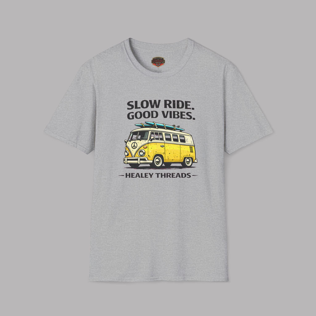 Slow Ride Good Vibes T-Shirt — Retro Yellow Camper Van Surf Tee