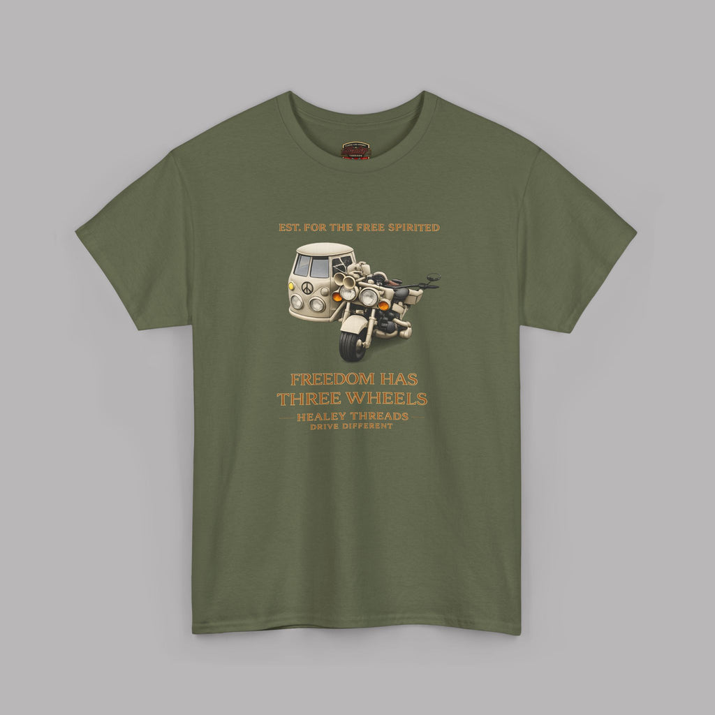 Military green t-shirt with a tri bike motorcycle and sidecar graphic on a gray background
