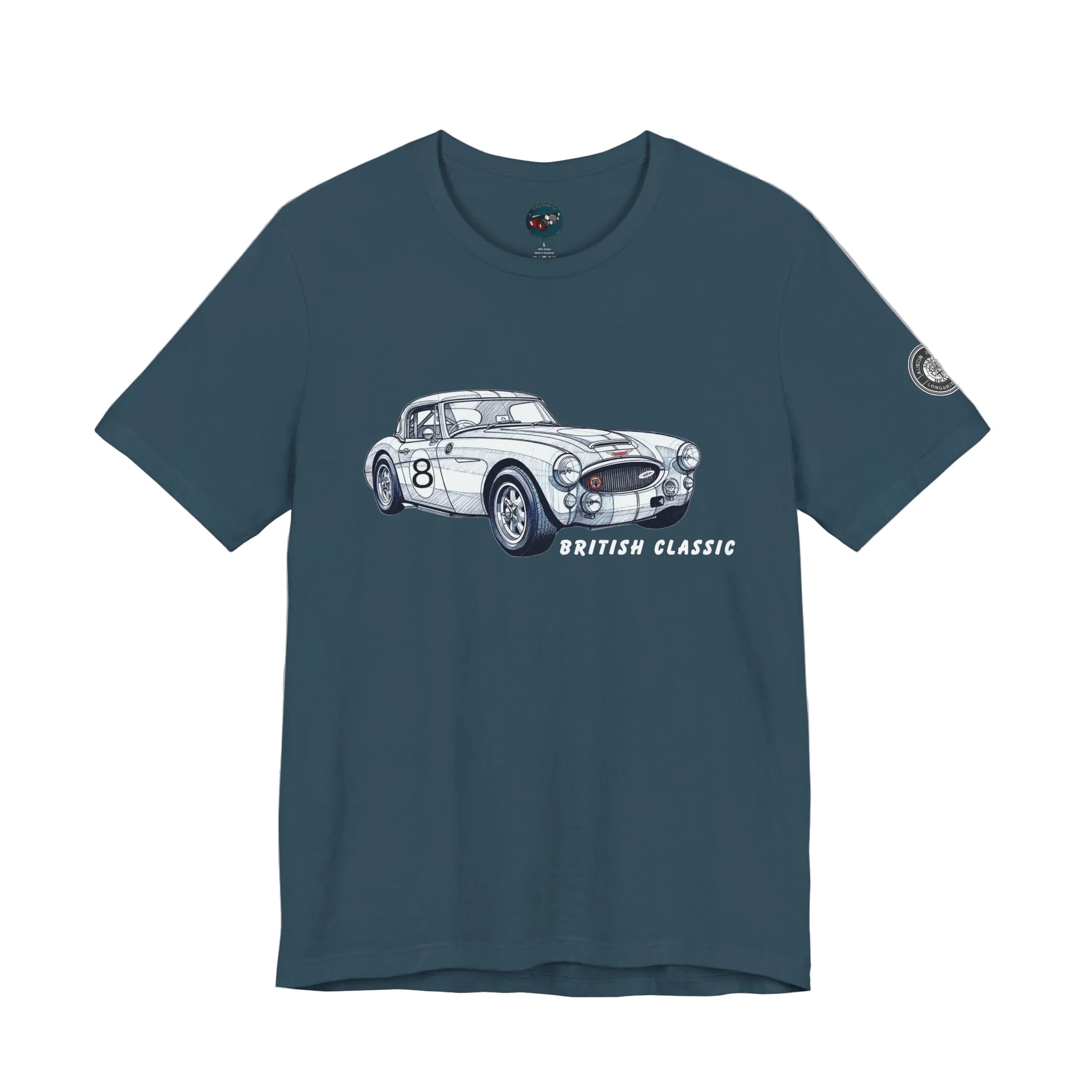 Indigo blue t-shirt with a white classic car graphic and 'British Classic' text on a white background