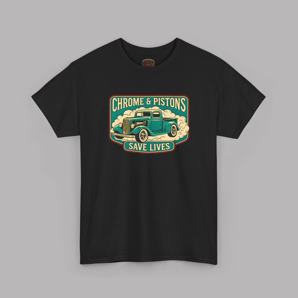 Chrome and Pistons T-Shirt – Vintage Hot Rod Graphic Tee