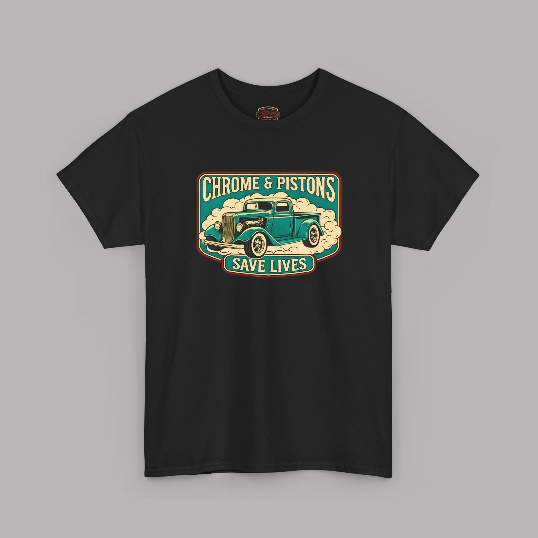 Chrome and Pistons T-Shirt – Vintage Hot Rod Graphic Tee
