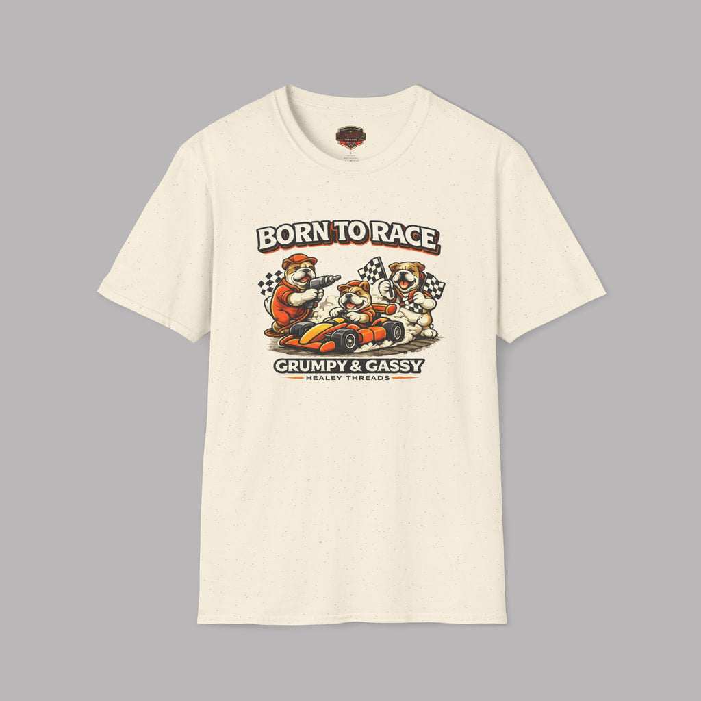Natural t-shirt with cartoon bears and racing graphics on a gray background