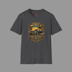 Dark heather t-shirt with a classic car design on a gray background
