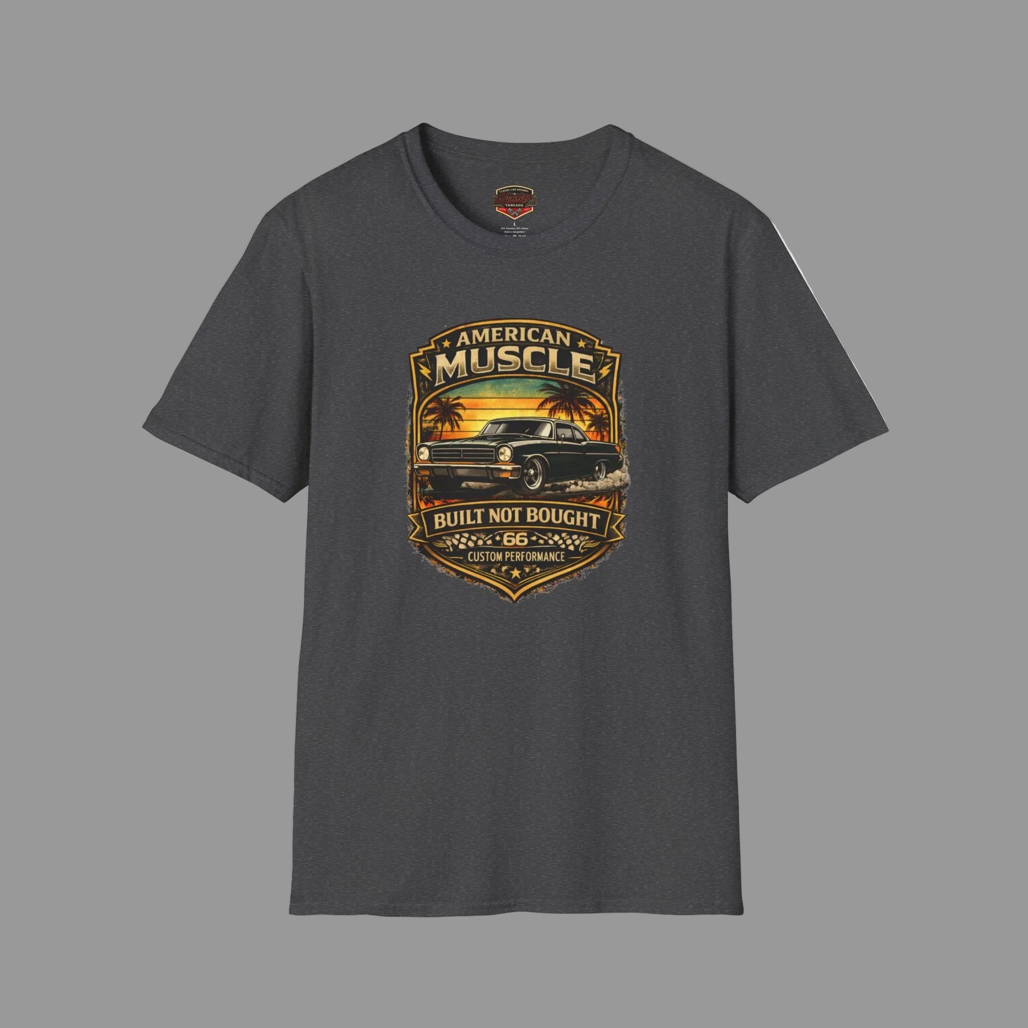 Dark heather t-shirt with a classic car design on a gray background