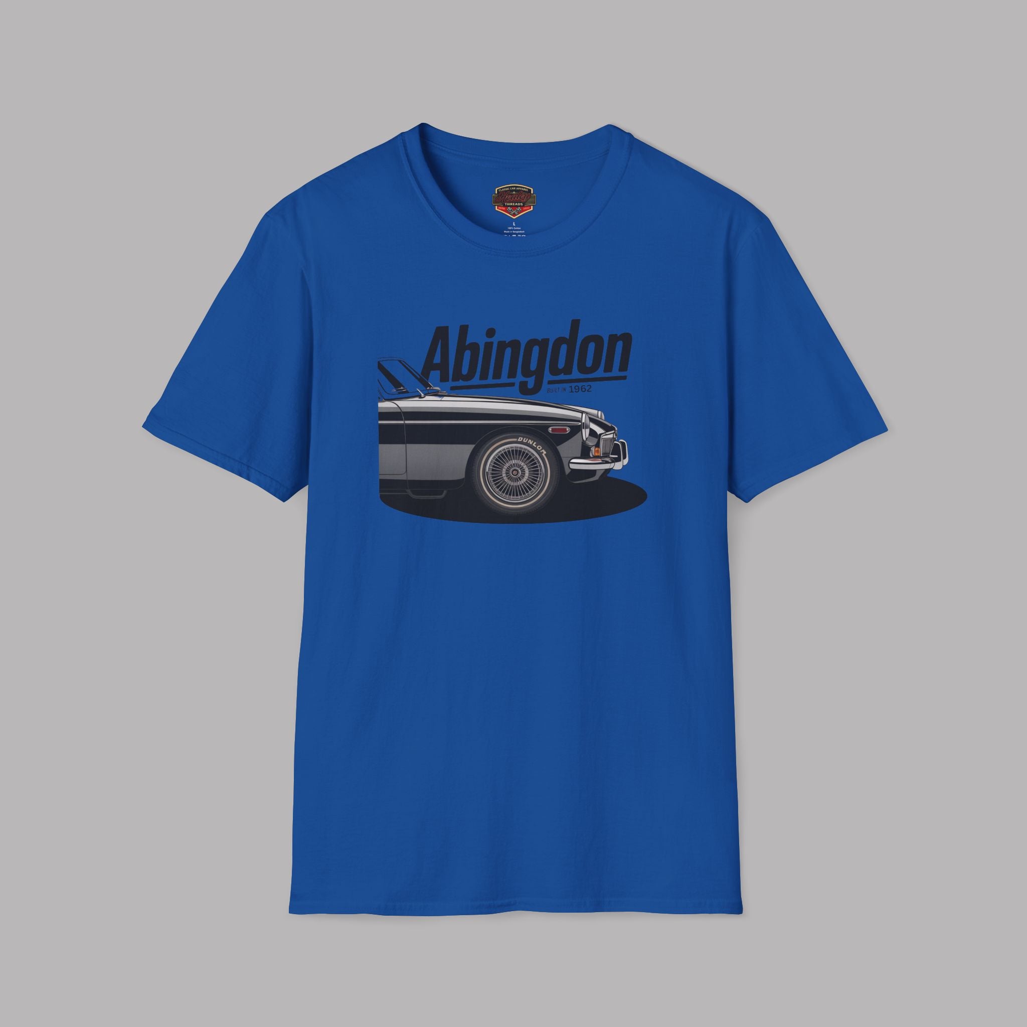 Royal blue t-shirt with a graphic of a classic car and 'Abingdon' text on a gray background