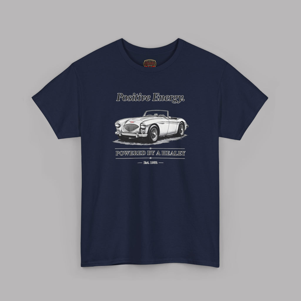 Navy blue t-shirt with a graphic of a classic car and text on a gray background