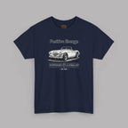 Navy blue t-shirt with a graphic of a classic car and text on a gray background