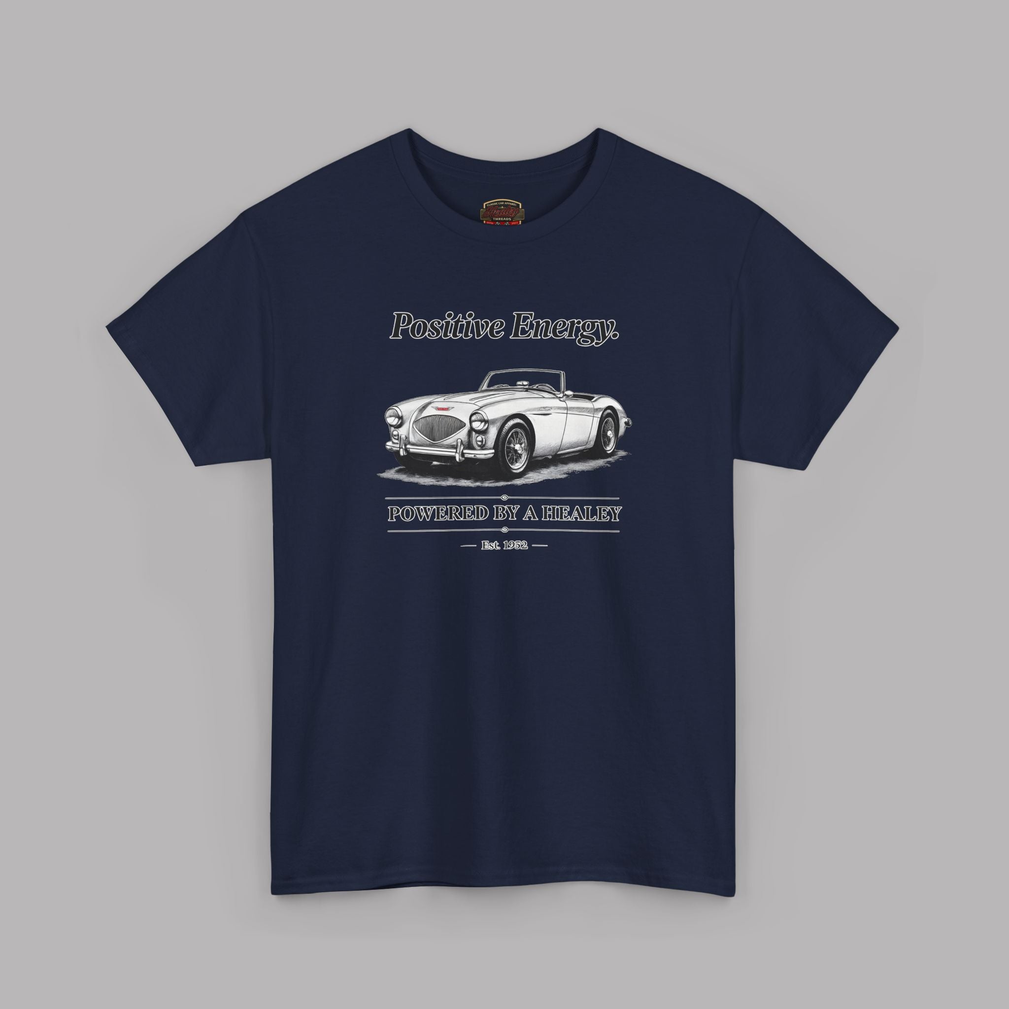 Navy blue t-shirt with a graphic of a classic car and text on a gray background
