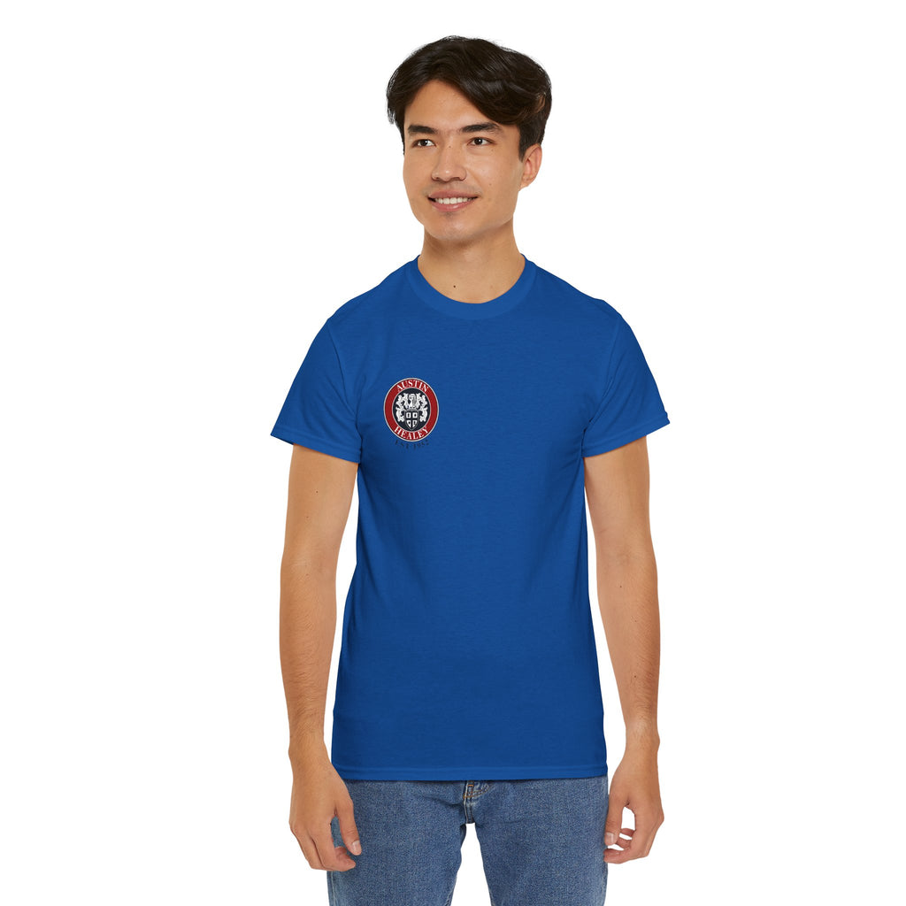 Person wearing a blue t-shirt with a logo on a white background