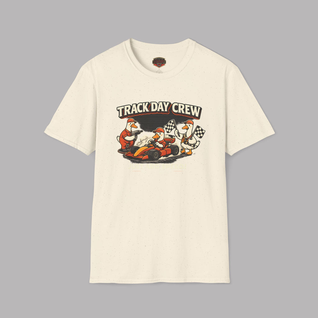 Natural t-shirt with 'Track Day Crew' graphic on a gray background