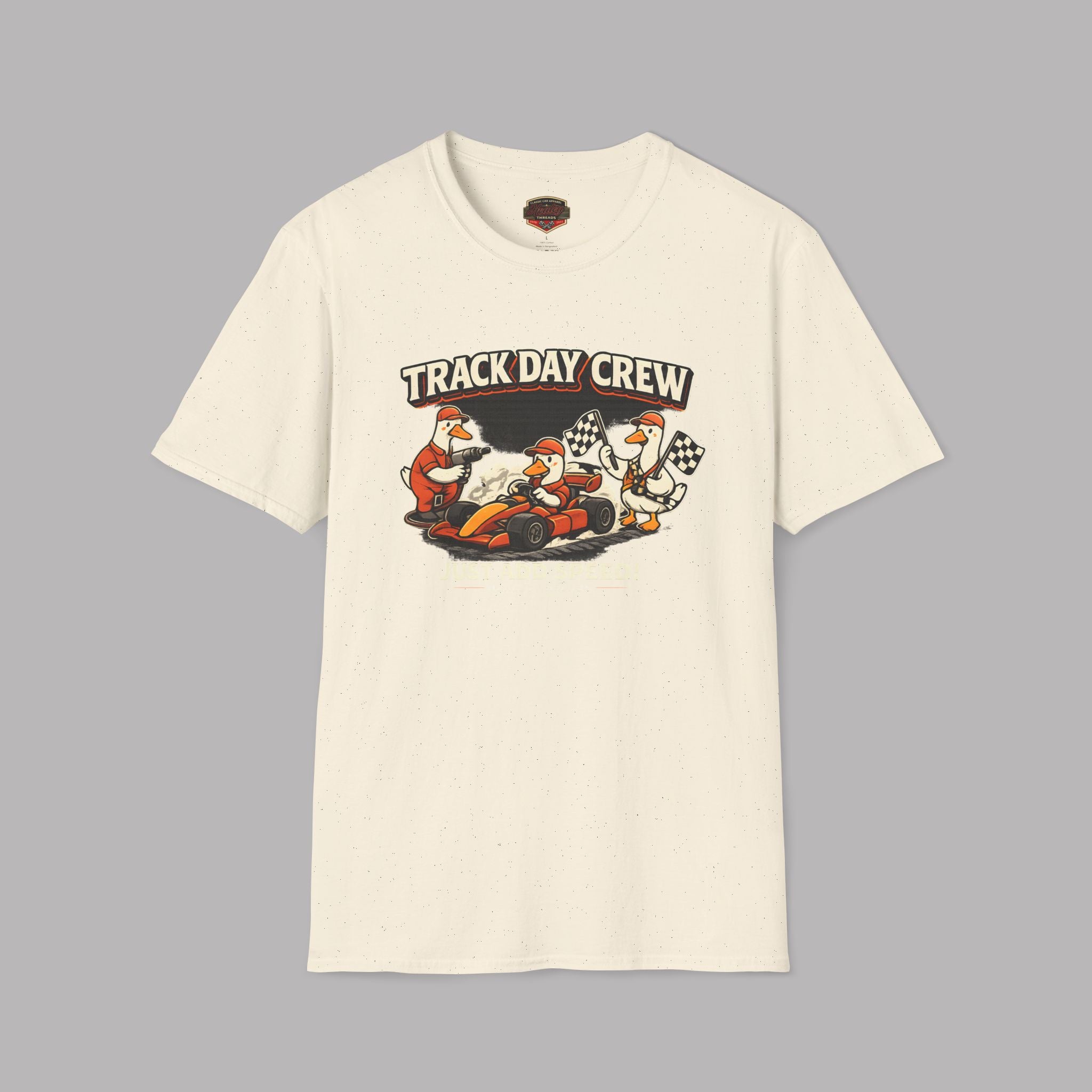 Natural t-shirt with 'Track Day Crew' graphic on a gray background
