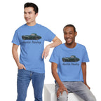 Two people wearing blue t-shirts with Austin Healey car design on a white background