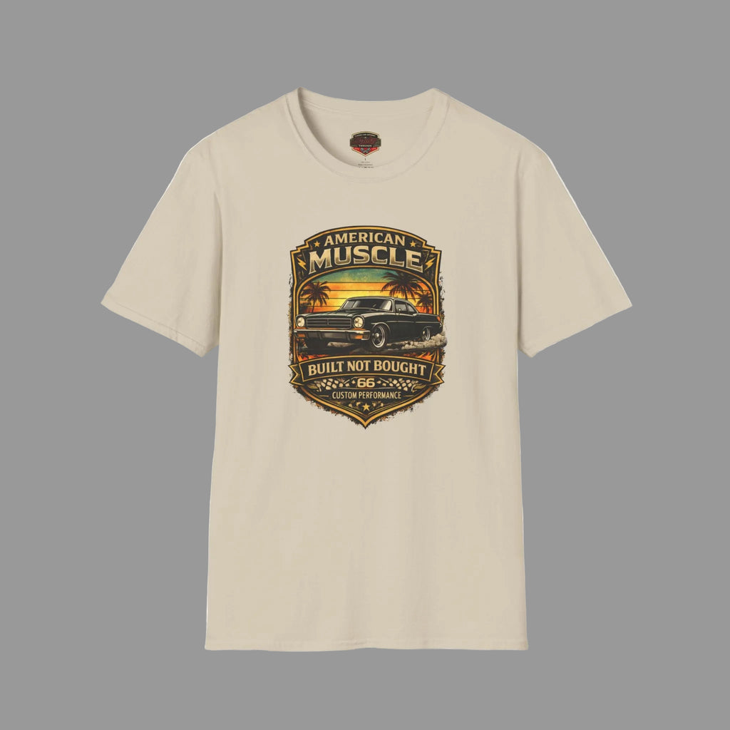 Sand t-shirt with 'American Muscle' car graphic design on a gray background
