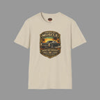 Sand t-shirt with 'American Muscle' car graphic design on a gray background