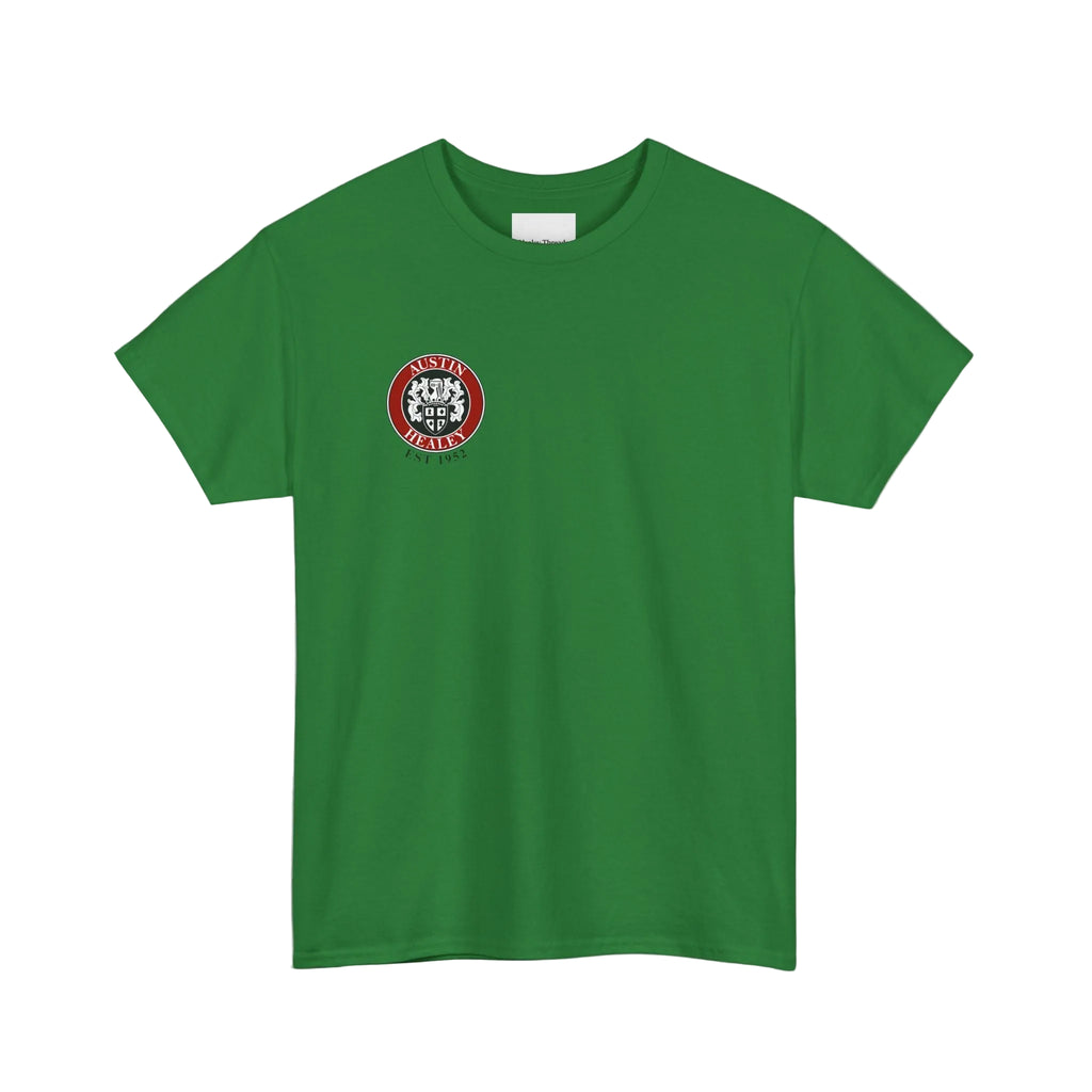 Green t-shirt with a red and white logo on a white background