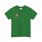 Green t-shirt with a red and white logo on a white background