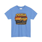 Blue t-shirt with a graphic of a car and text on a white background