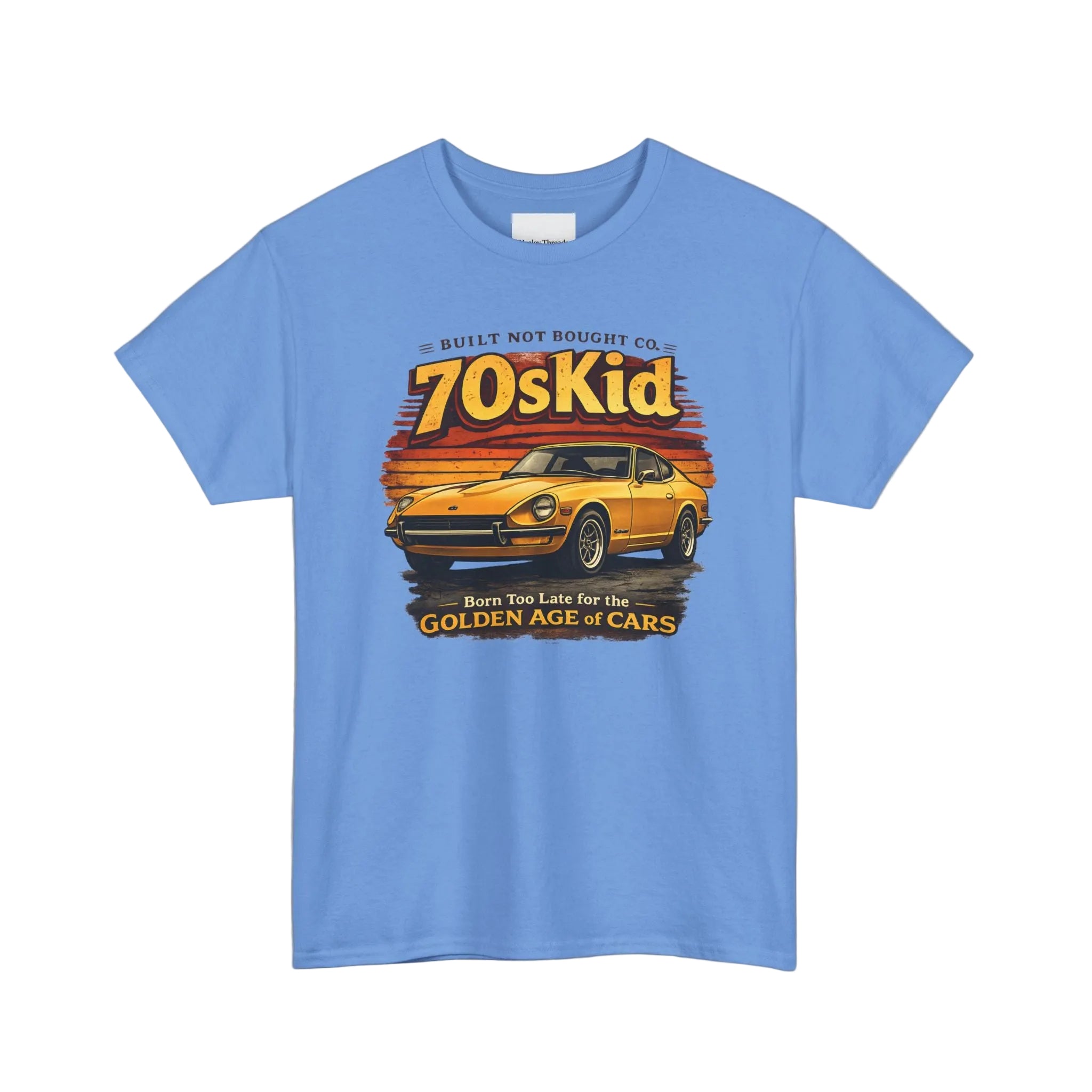 Blue t-shirt with a graphic of a car and text on a white background