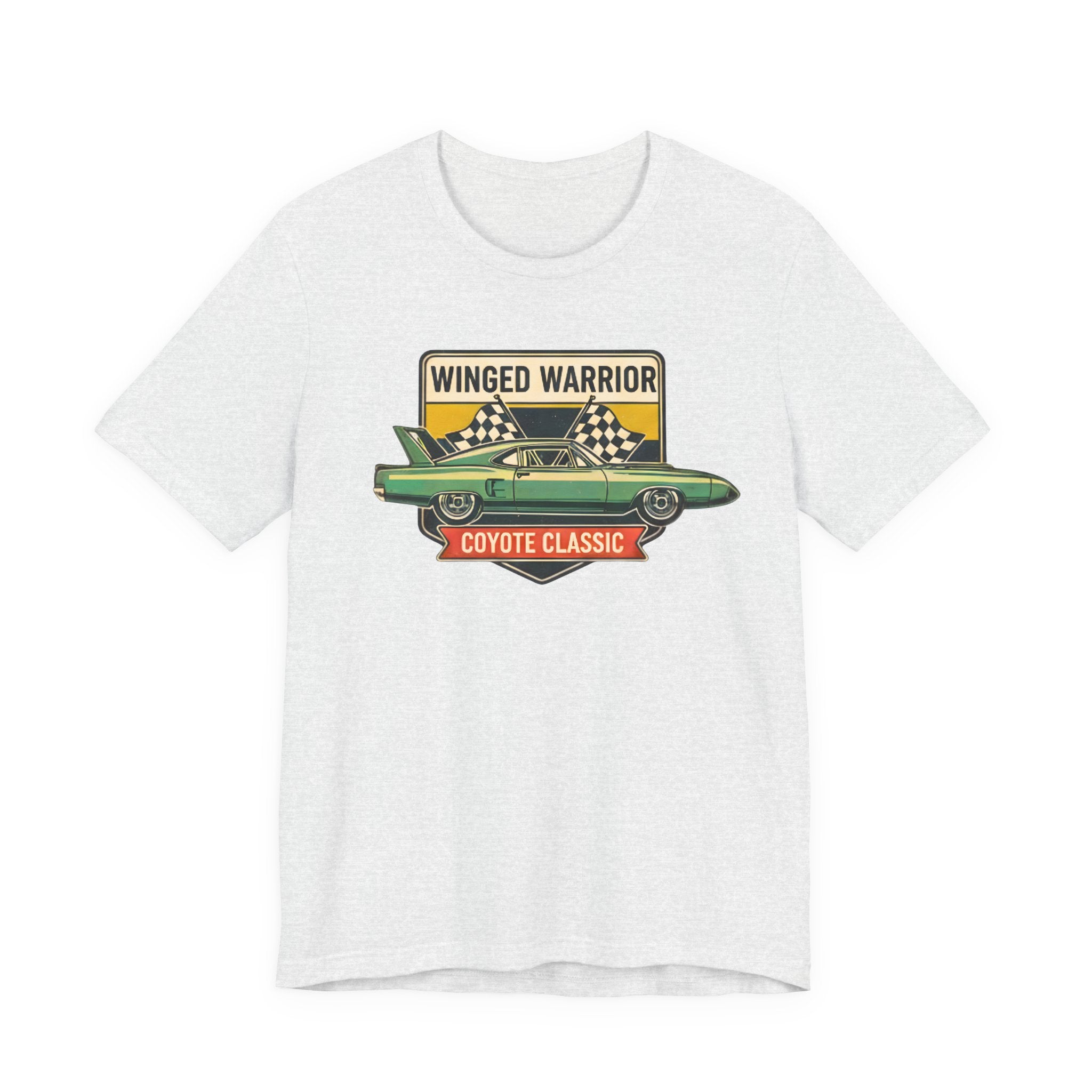 Ash t-shirt with a graphic design of a green car and 'Winged Warrior' text on a white background