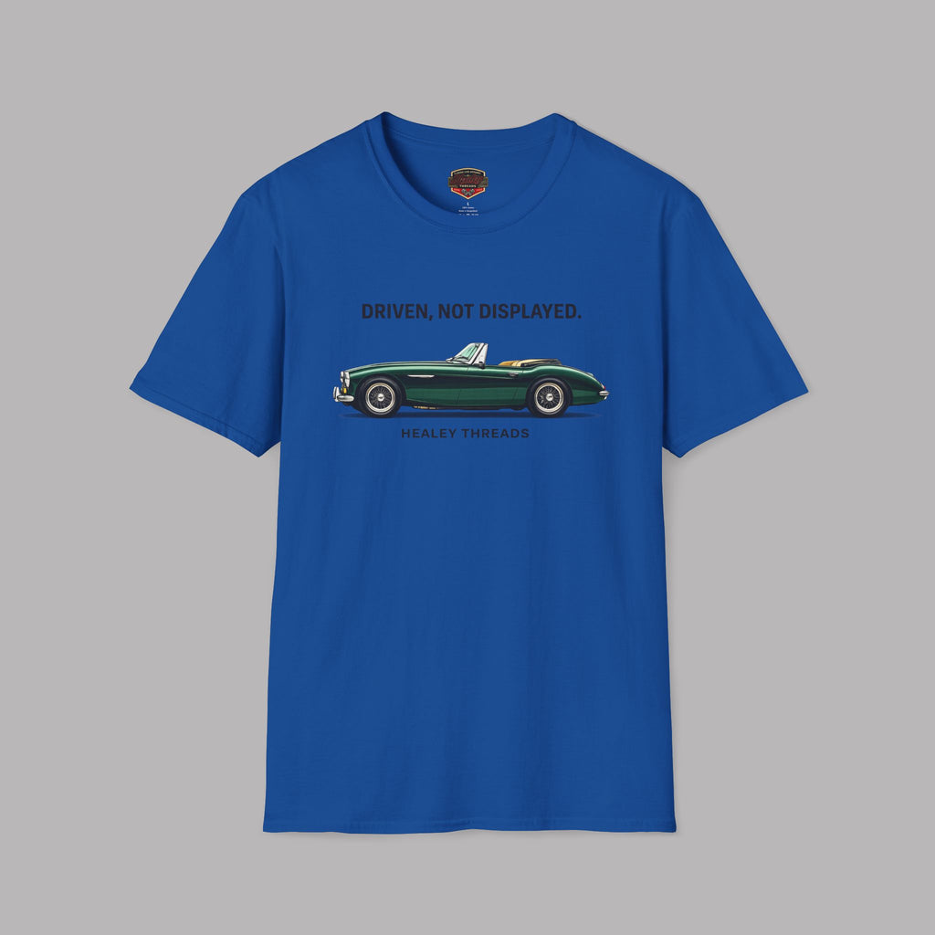 Royal blue t-shirt with a green classic car graphic and text on a gray background