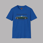 Royal blue t-shirt with a green classic car graphic and text on a gray background