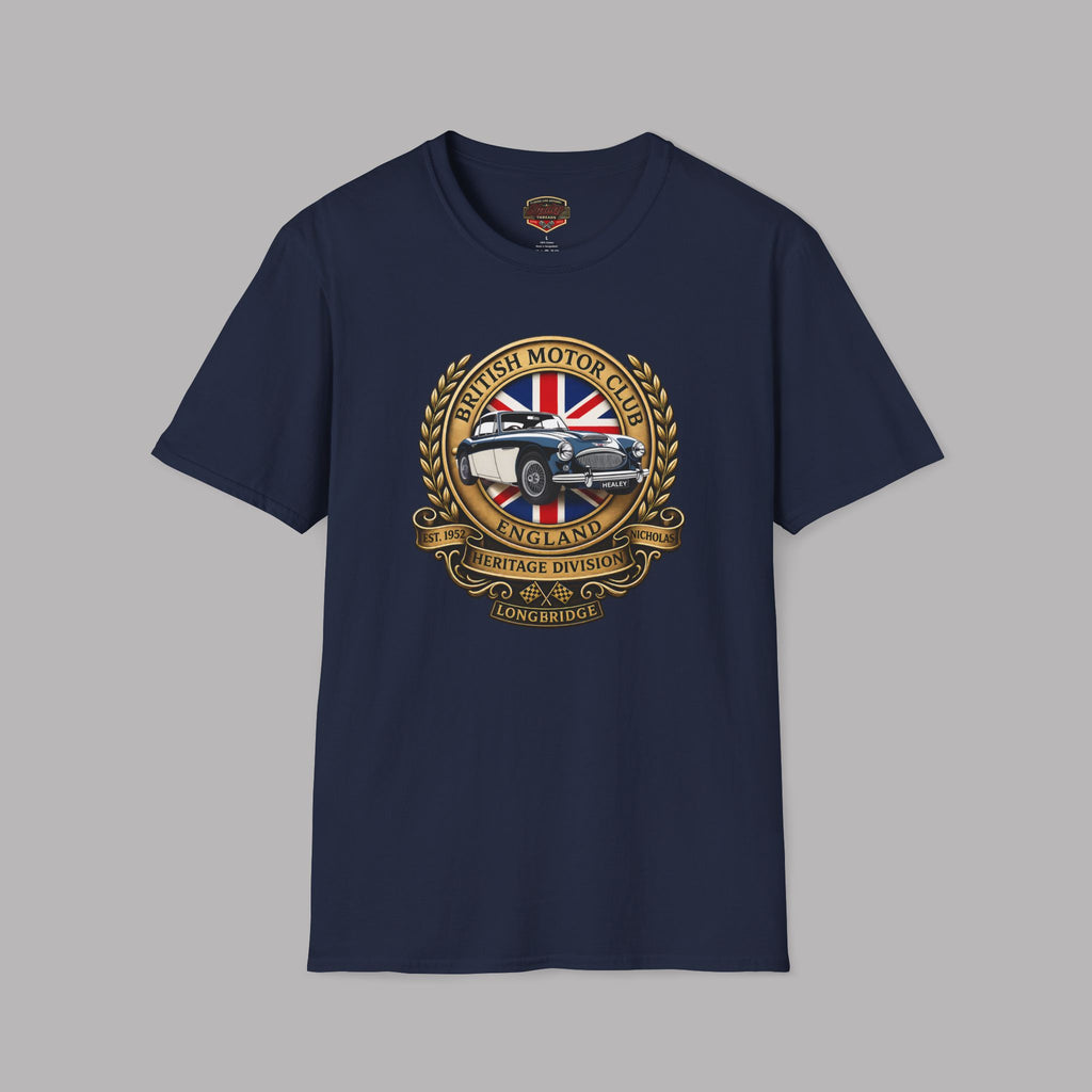 Navy blue t-shirt with a British Motor Club logo on a gray background