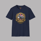 Navy blue t-shirt with a British Motor Club logo on a gray background