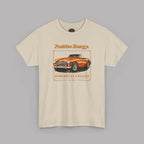 Sand t-shirt with a graphic of a classic car and text on a gray background