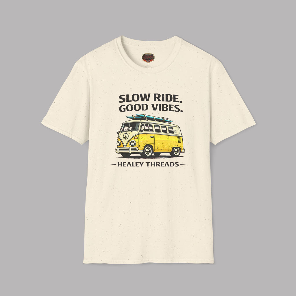 Natural t-shirt with a yellow van graphic and text on a gray background