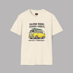 Natural t-shirt with a yellow van graphic and text on a gray background