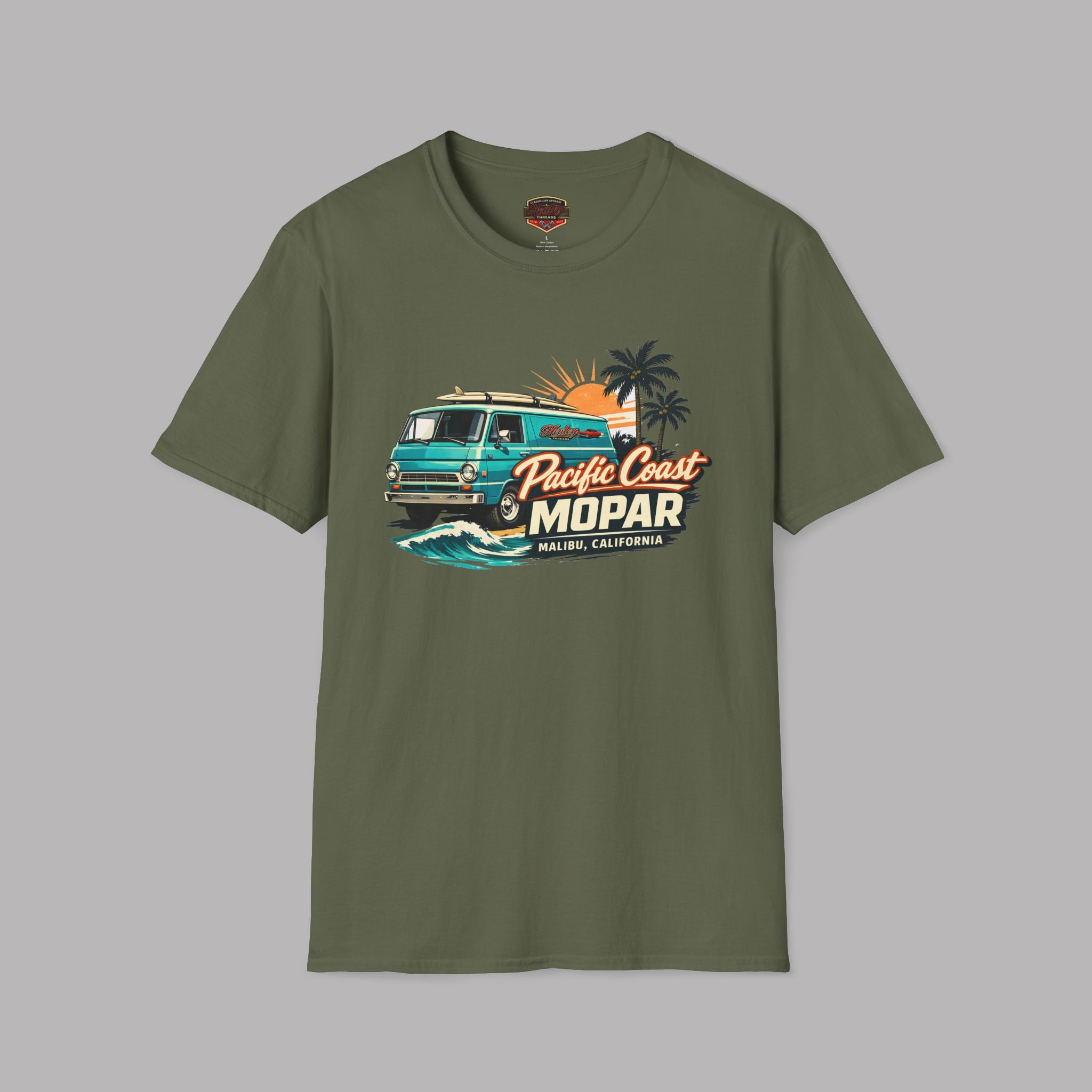 Military green t-shirt with a graphic design of a van and text on a gray background