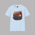 Light blue t-shirt with 'American Muscle' car graphic design on a gray background