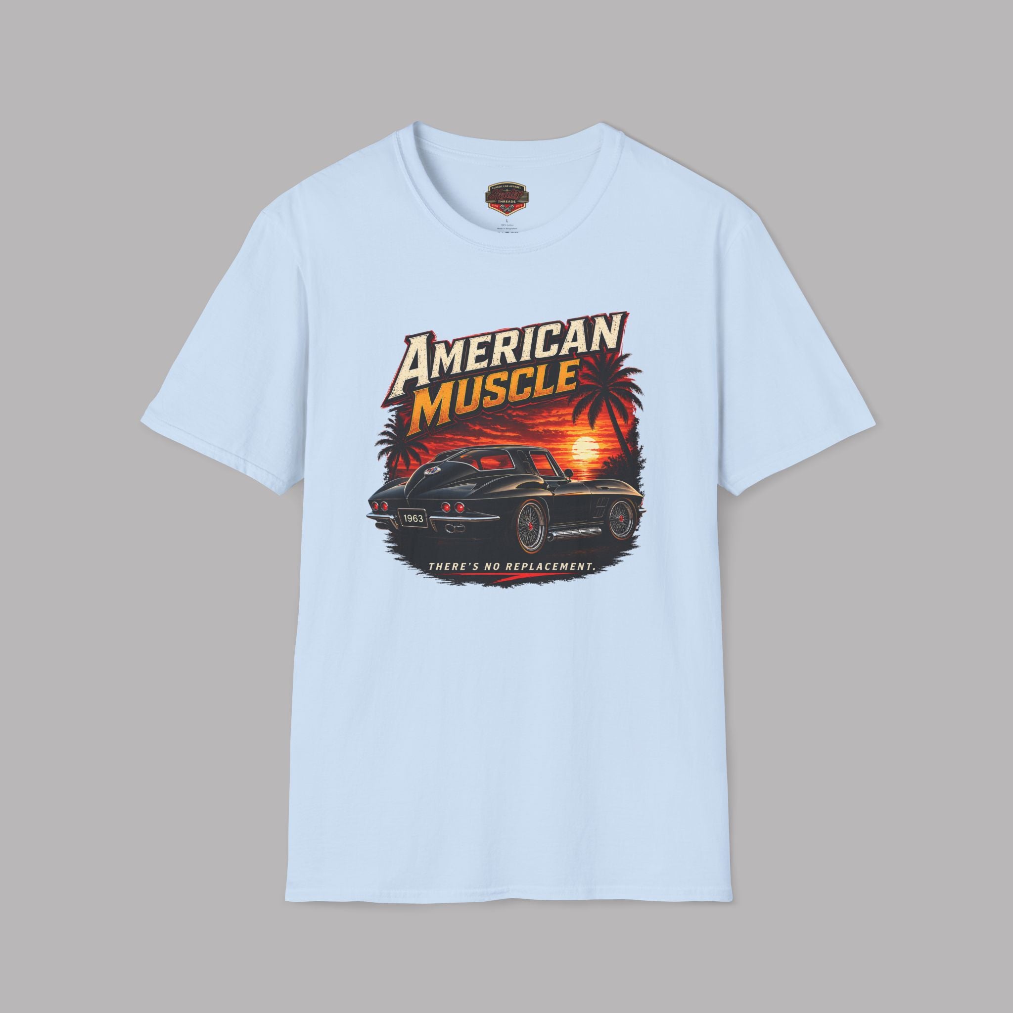 Light blue t-shirt with 'American Muscle' car graphic design on a gray background