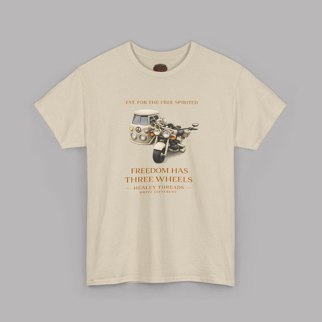 Sand t-shirt with tri bike and motorcycle sidecar  graphic and text on a gray background
