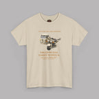Sand t-shirt with tri bike and motorcycle sidecar  graphic and text on a gray background