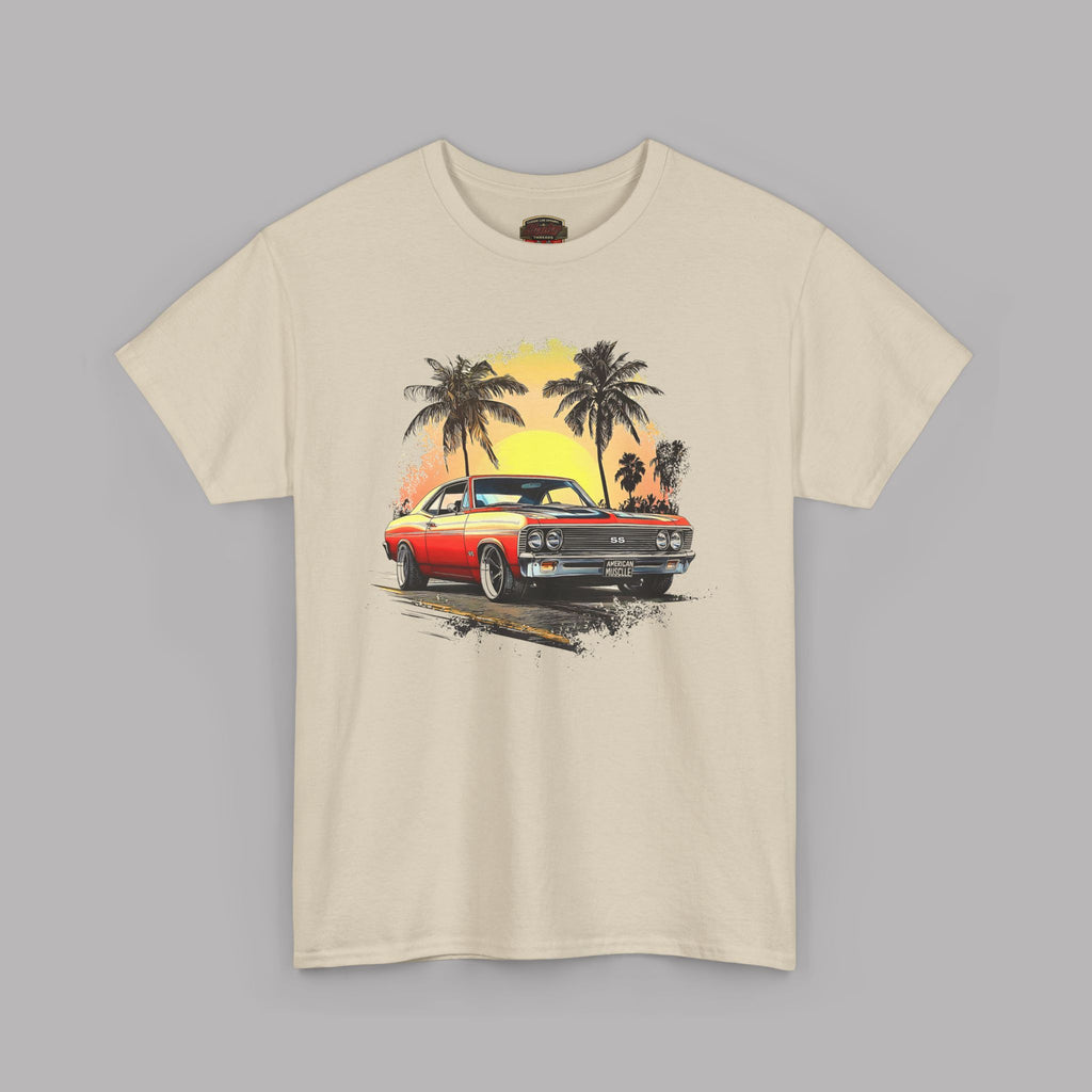 Natural t-shirt with a graphic of a car and palm trees on a gray background