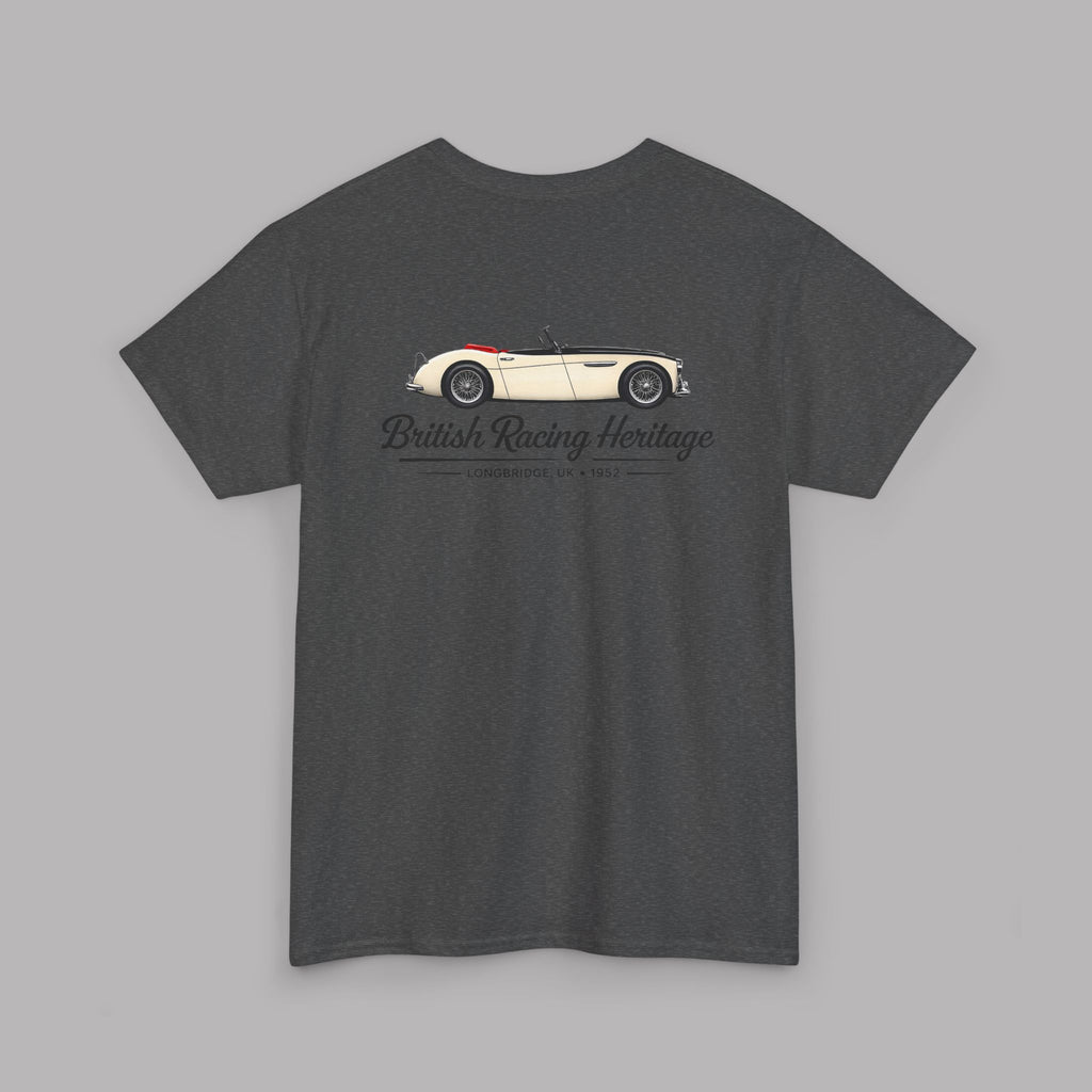 Back of a gray t-shirt with a Healey classic car graphic design on a gray background
