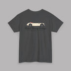 Back of a gray t-shirt with a Healey classic car graphic design on a gray background