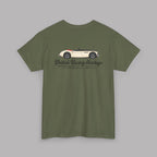 Back of a military green t-shirt with a Healey classic car graphic design on a gray background