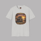 Vintage 1965 surfer van sport gray t-shirt with retro beach sunset graphic and “Chase Sunsets. Find Yourself.”