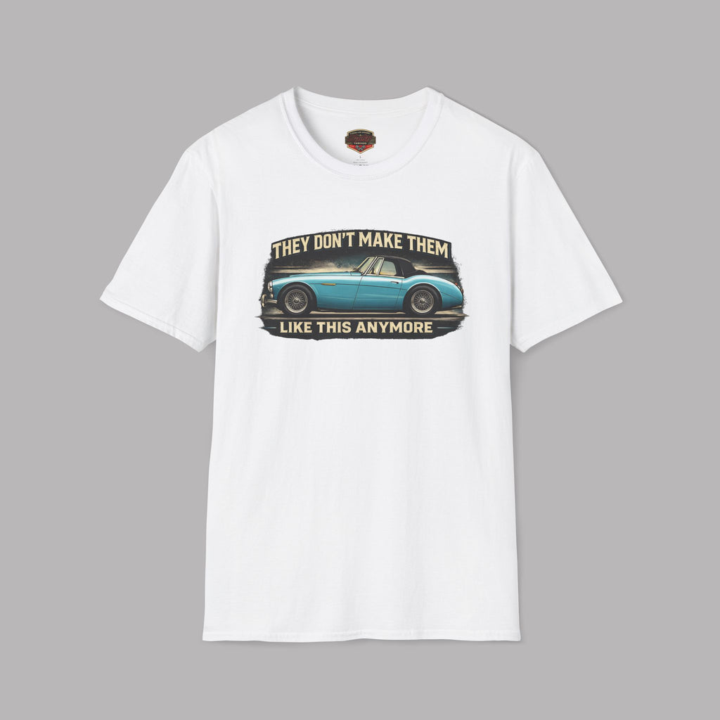 White t-shirt with vintage Healey car graphic and text on a gray background