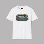 White t-shirt with vintage Healey car graphic and text on a gray background