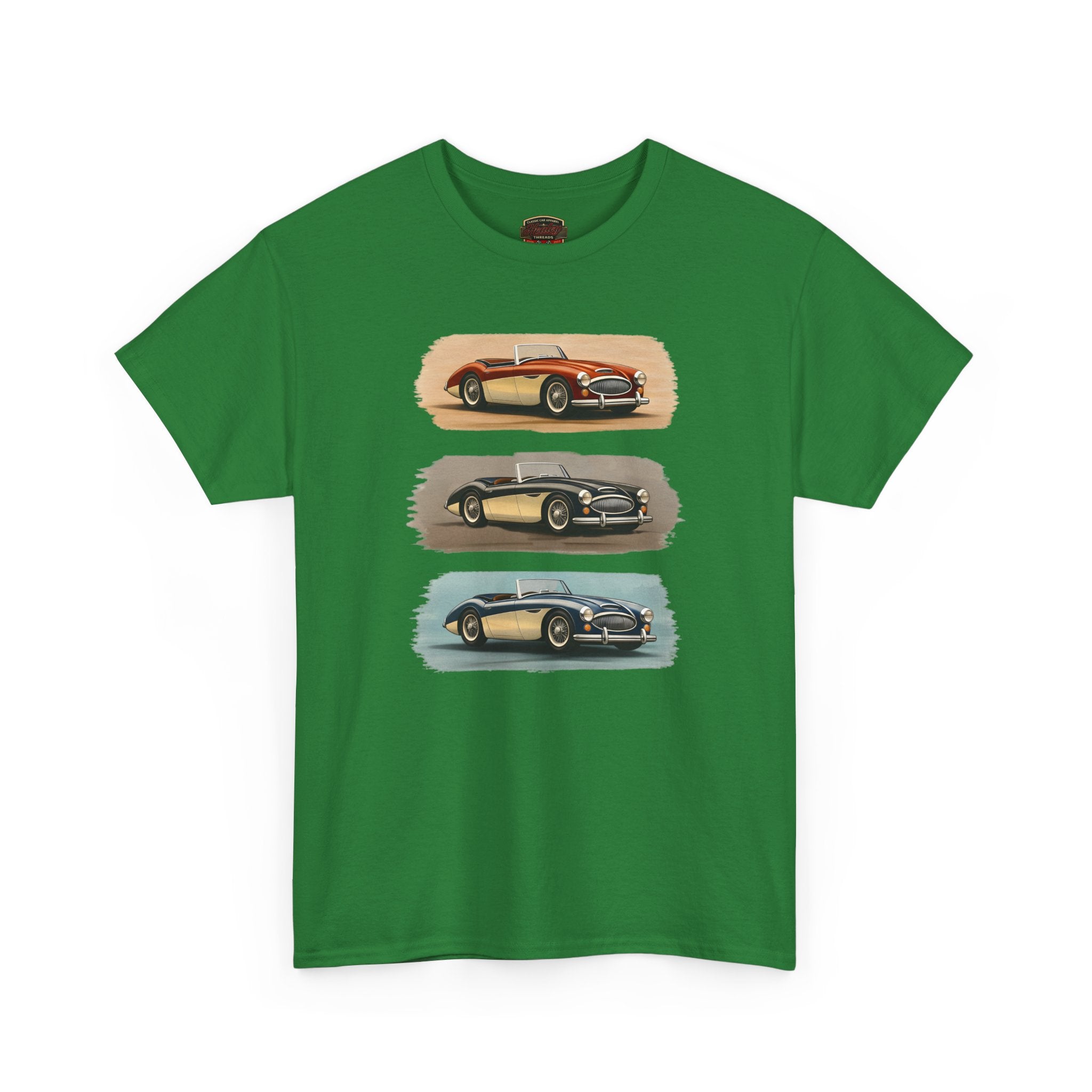 Green t-shirt with vintage Healey car design on a white background