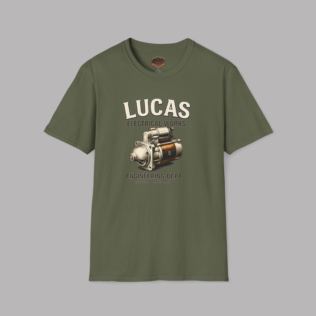 Military green t-shirt with Lucas Electrical Works graphic and text on a gray background
