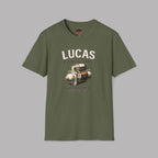 Military green t-shirt with Lucas Electrical Works graphic and text on a gray background