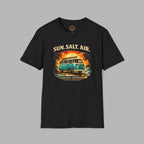 Black t-shirt with a graphic design of a van, palm trees, and sunset text 'Sun. Salt. Air.' on a gray background.